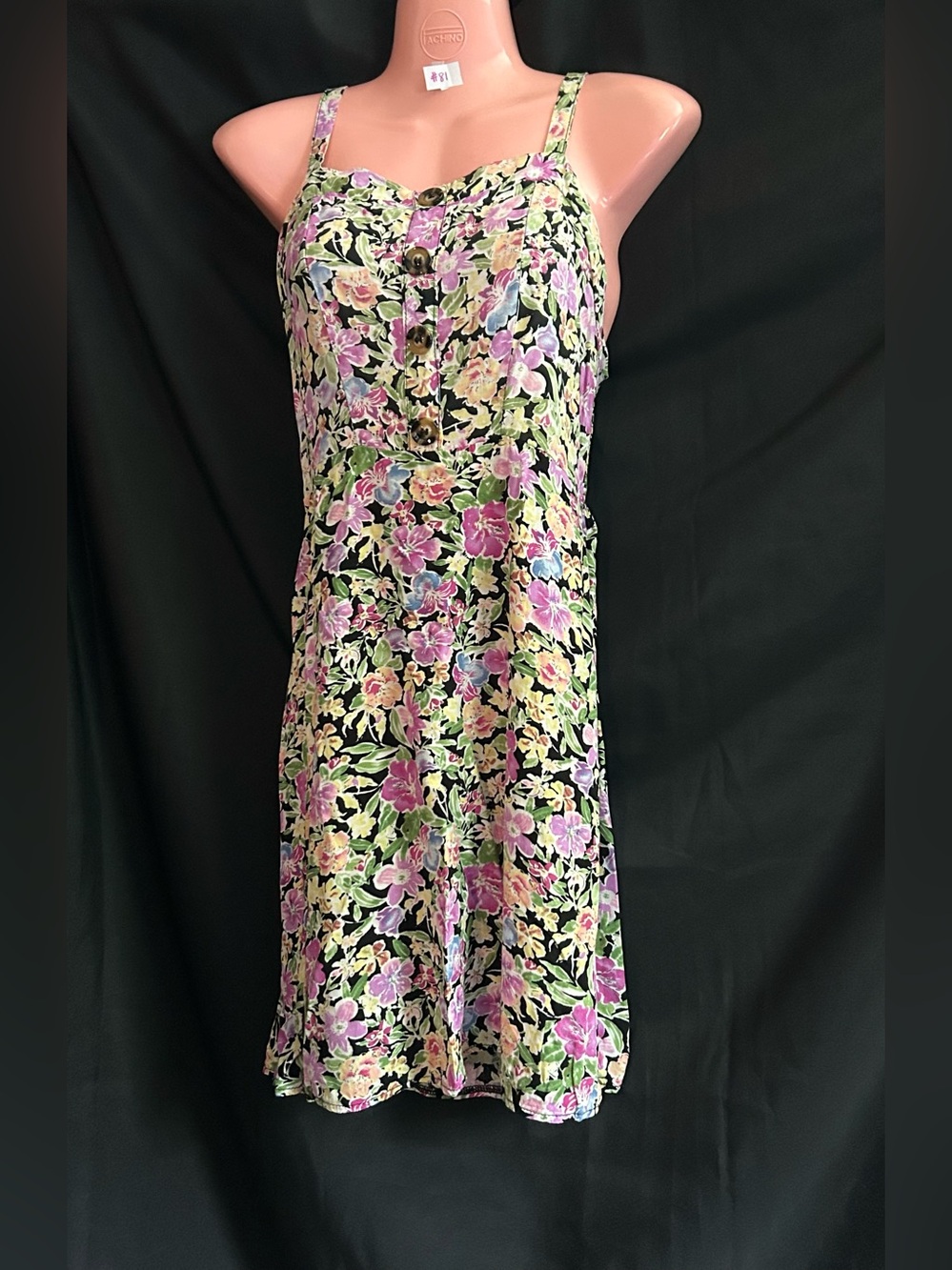 AZ Floral Button-Front Sundress Black Purple & Green Floral SM